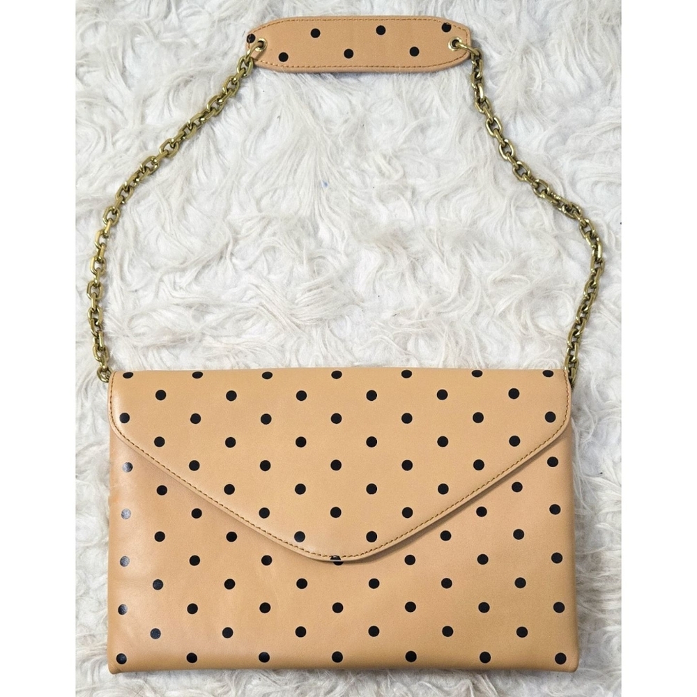 J Crew Polka Dot Leather Bag Envelope Clutch Shoulder Tan Black Chain Strap